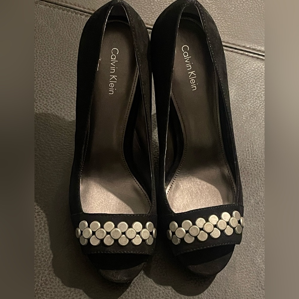 Calvin Klein Peep Toe Caleigh Black Suede Heels, Size 7.5